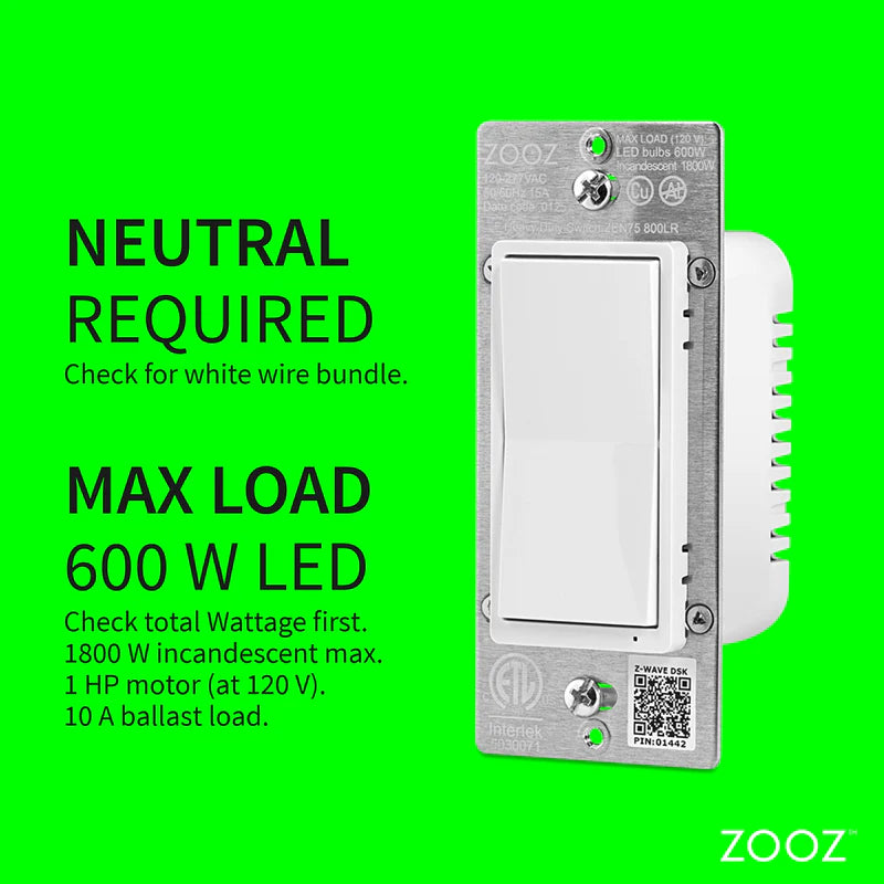 Zooz 800 Series Z-Wave Long Range Heavy Duty Wall Switch ZEN75 800LR