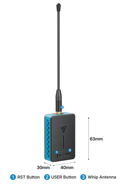 Heltec RS-CP01 enclosure dimensions 30×40×63 mm with RST and USER buttons labeled