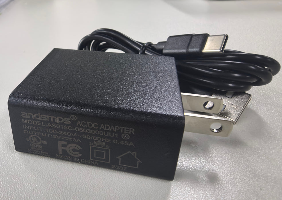 5V/3A USB Power Supply US w/USB-A to USB-C Cable 3ft