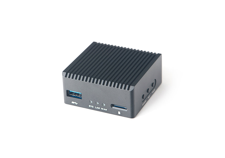 NanoPi R3S-LTS metal case front with USB 3.0, LEDs and microSD slot
