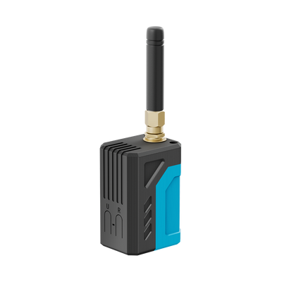 Heltec RD-GB01 assembled node with black PLA enclosure, turquoise side accents, and LoRa whip antenna