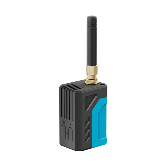 Heltec RD-GB01 assembled node with black PLA enclosure, turquoise side accents, and LoRa whip antenna