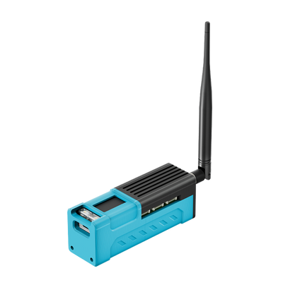 Heltec RD01 sensor extension kit with turquoise PLA enclosure and LoRa whip antenna
