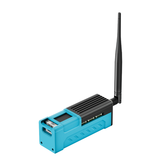 Heltec RD01 sensor extension kit with turquoise PLA enclosure and LoRa whip antenna