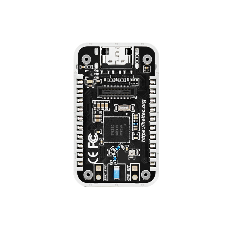 Heltec RadioCore RC52 board underside showing nRF52840 and labeled pin headers