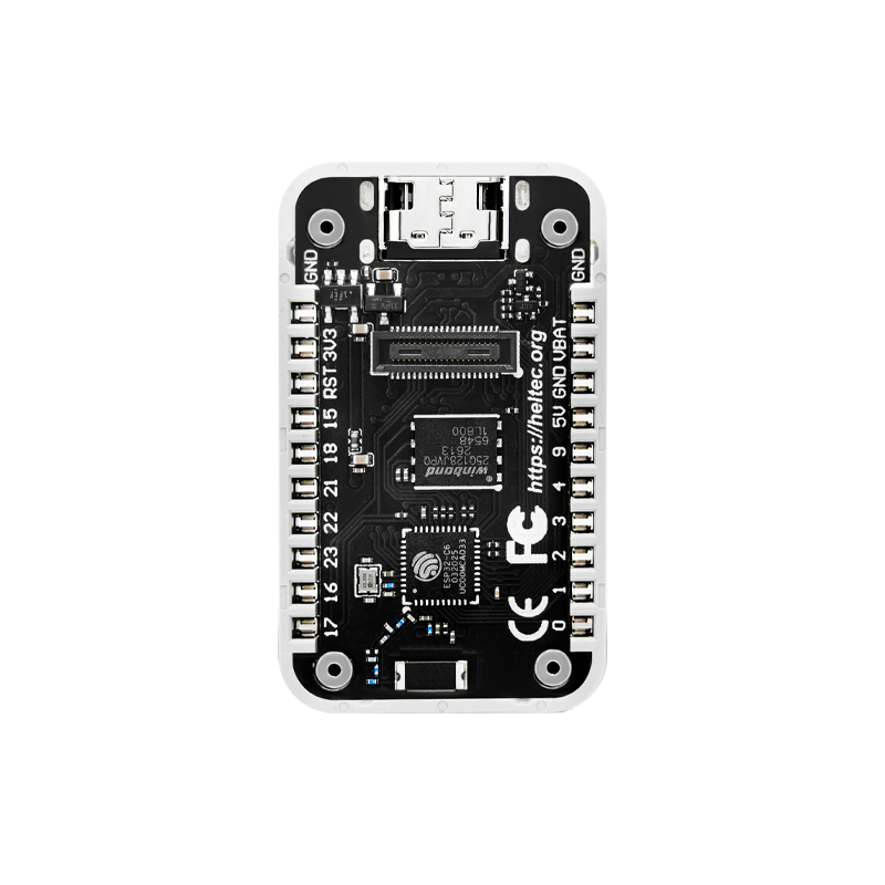 Heltec RadioCore RCC6 board underside showing ESP32-C6, flash, and labeled pin headers