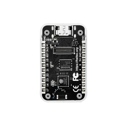 Heltec RadioCore RCC6 board underside showing ESP32-C6, flash, and labeled pin headers