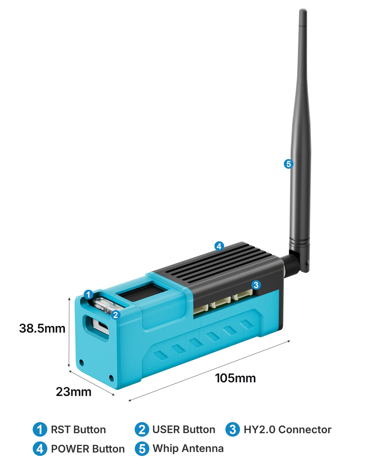 Heltec RD01 dimensions and labeled controls (105 × 23 × 38.5 mm)