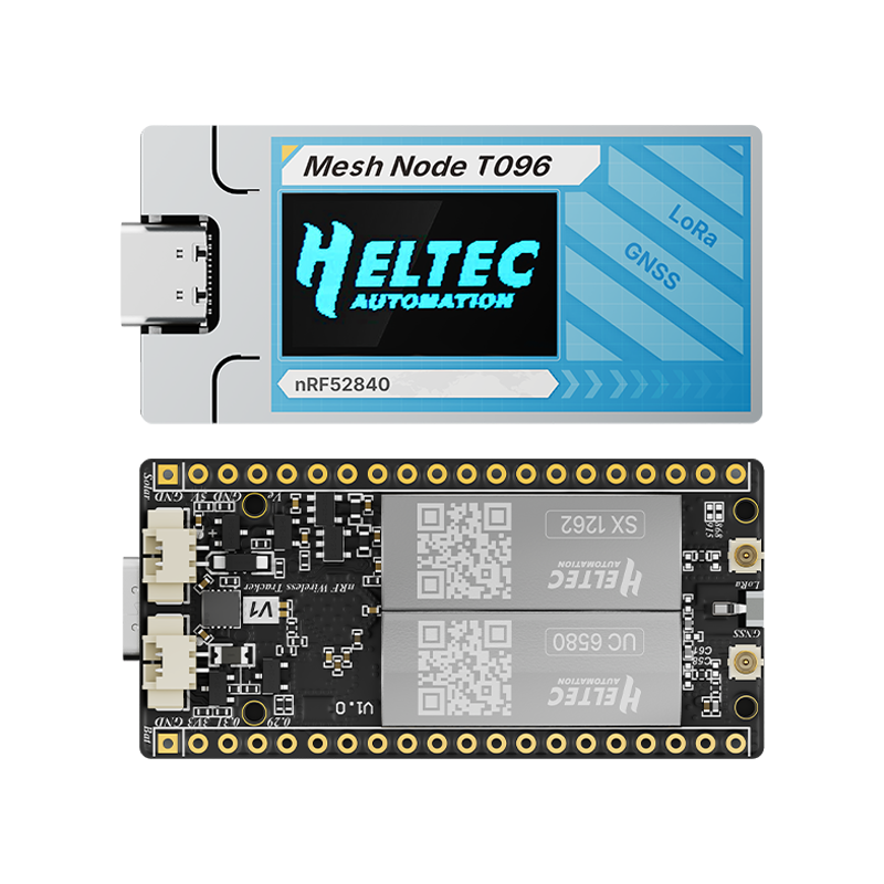 Heltec Mesh Node T096 front and back views with display and LoRa GNSS shields