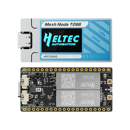 Heltec Mesh Node T096 front and back views with display and LoRa GNSS shields