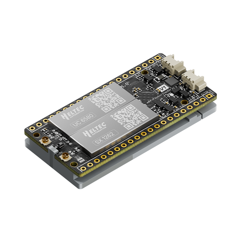 Heltec Mesh Node T096 three-quarter view of PCB with UC6580 and SX1262 shields