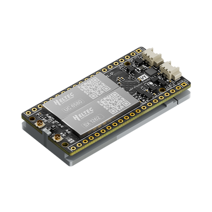 Heltec Mesh Node T096 three-quarter view of PCB with UC6580 and SX1262 shields