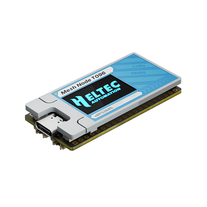 Heltec Mesh Node T096 angled view with display cover and USB-C port