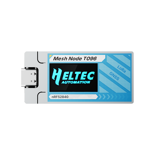 Heltec Mesh Node T096 front view with 0.96 inch TFT display showing Heltec Automation logo