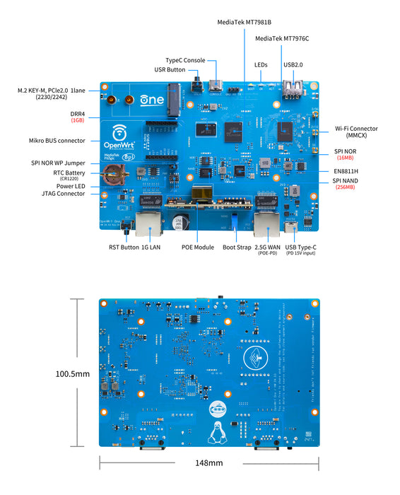 Banana Pi OpenWrt One Full Kit (Heatsink, PoE Module, Antenna, Power Supply and Case included)