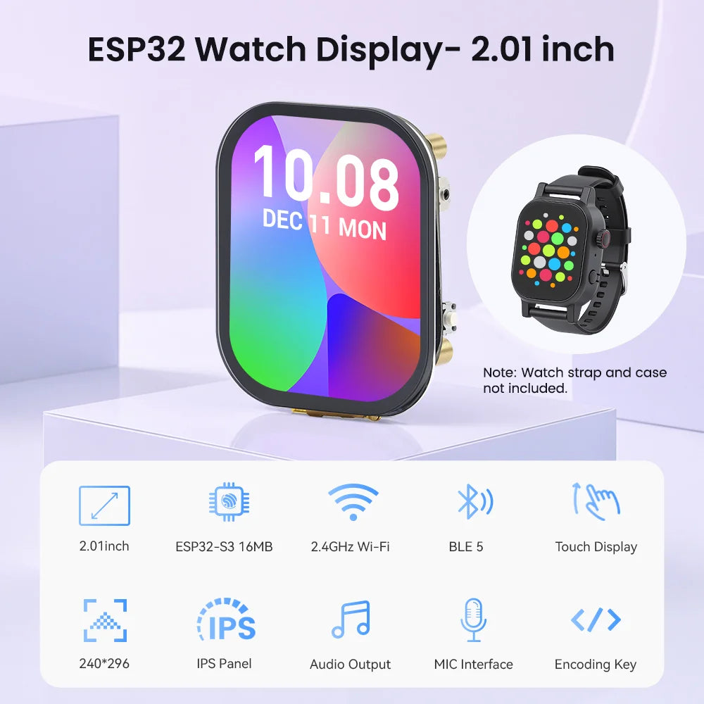 CrowPanel 2.01inch-HMI ESP32 Watch Display 240*296 IPS Touch Screen With Microphone Supports Voice Control (No Enclosure/Strap)