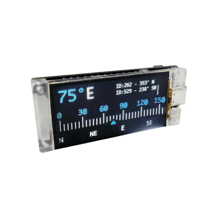 Heltec Vision Master T190 angled view showing Meshtastic-style compass UI on display