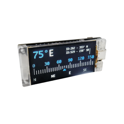 Heltec Vision Master T190 angled view showing Meshtastic-style compass UI on display