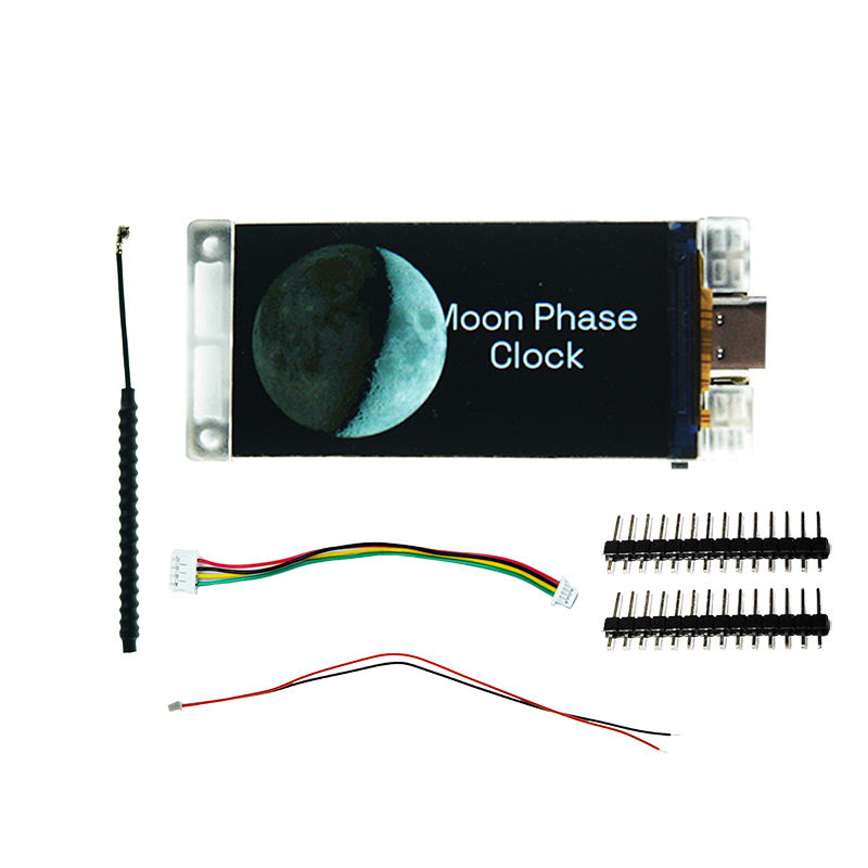 Heltec Vision Master T190 kit contents — board, LoRa antenna, sensor wire, battery connector, and header pins