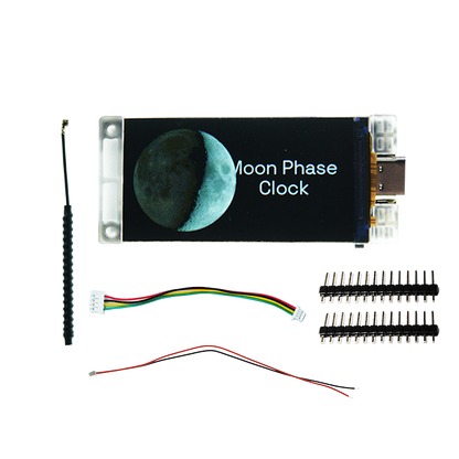 Heltec Vision Master T190 kit contents — board, LoRa antenna, sensor wire, battery connector, and header pins