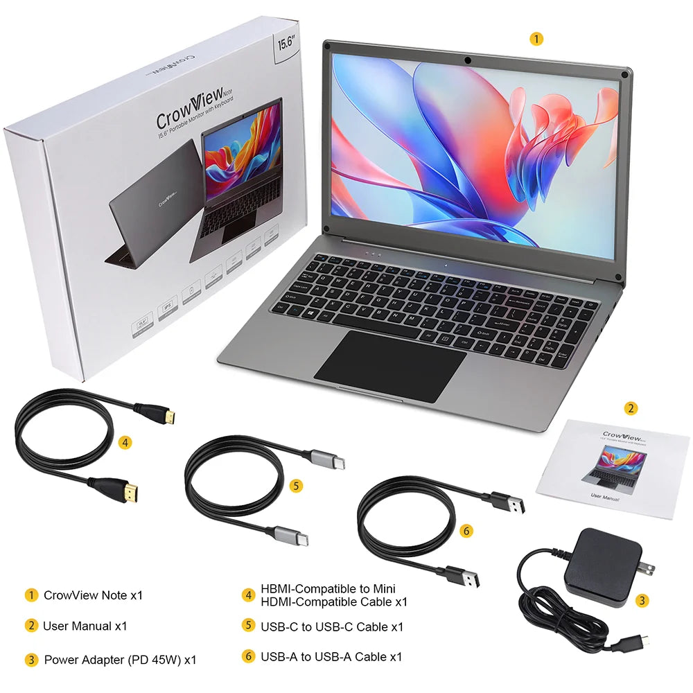 CrowView Note 15.6inch-All-in-One Portable Display with Keyboard, FHD IPS Lapdock, SBC/Phone-to-Laptop Device