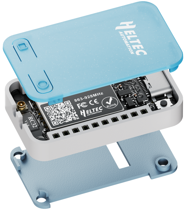 Heltec RadioCore RC32 exploded view of enclosure, board, and base mount