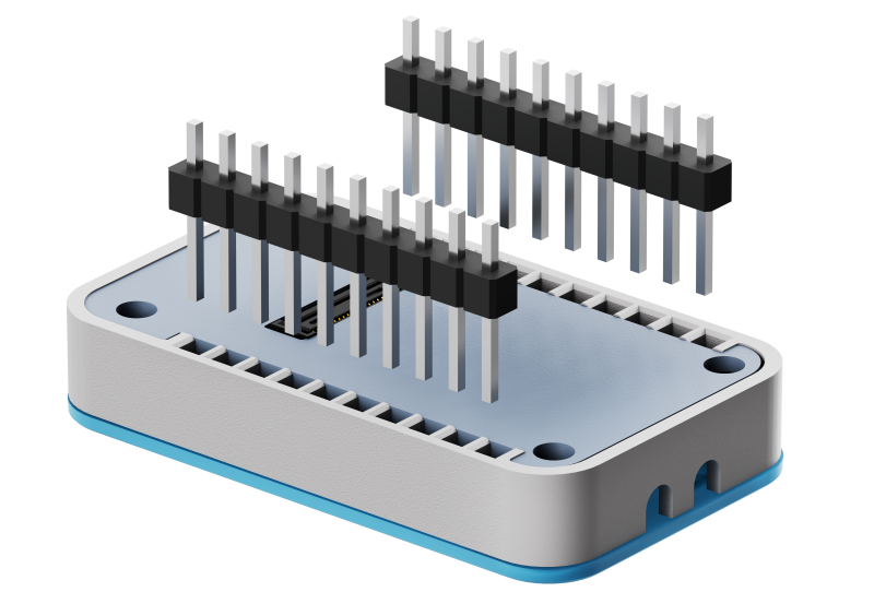 Heltec RadioCore RC32 enclosure with dual 10-pin header installation illustration