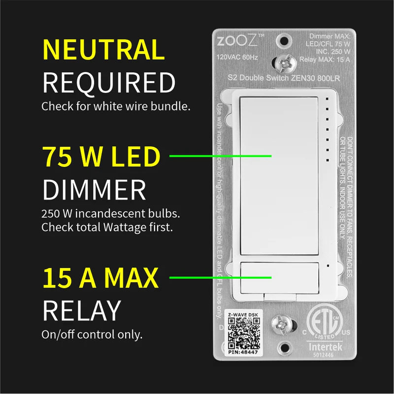 Zooz 800 Series Z-Wave Long Range Double Switch ZEN30 800LR (White) for Light & Fan Combo